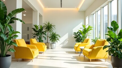 Brighten your brand with this modern waiting room showcasing yellow armchairs and lush plants indoors