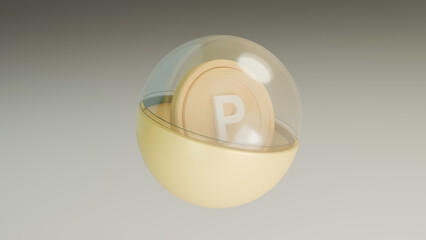 노란색 플라스틱과 투명한 플라스틱으로 만든 랜덤 뽑기 공과 노란색 포인트 동전