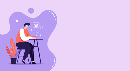 Young man focused on his laptop, working or studying in a modern, creative digital environment. Ideal for remote work, freelance, online education, or technology concepts.