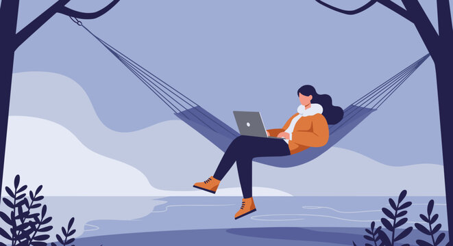Woman in a hammock working on a laptop in a serene outdoor setting, illustrating remote work, relaxation, and a flexible lifestyle.