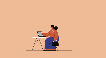 A focused woman uses a laptop at a minimal desk, illustrating remote work, freelance, or digital entrepreneurship. Ideal for business, technology, and modern lifestyle themes.