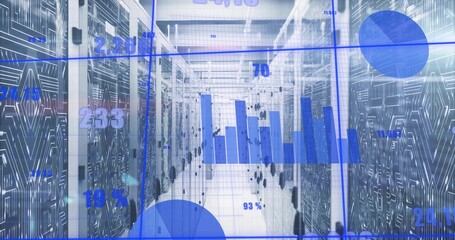 Illuminating server room aisle displaying server racks, featuring live analytics overlay