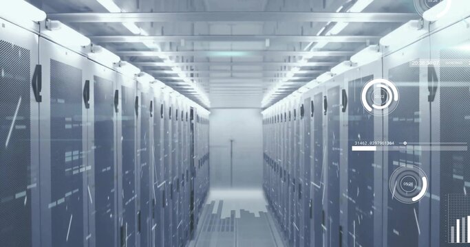 Central walkway running in data center server room, with rack servers, LED panels, HUD overlays