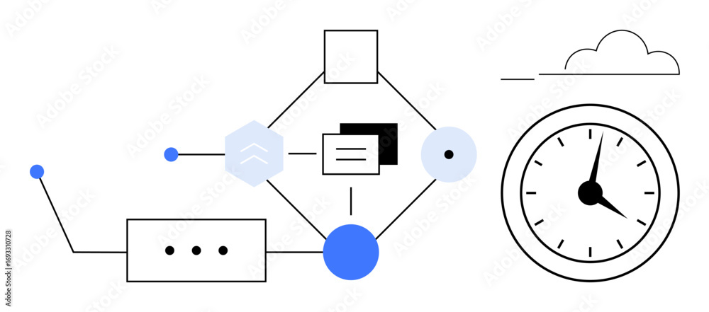 Wall mural abstract workflow diagram with shapes, icons, and lines illustrating process flow, cloud connectivit