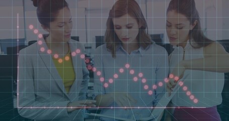 Three business professionals in blazers reviewing metrics on tablet in office, with grid overlay