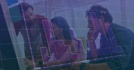 Analyzing data team of three colleagues examining bar chart overlay at wooden desk, with monitor