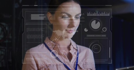 Surveying woman in pink blouse analyzing holographic interface in control room, world map overlay