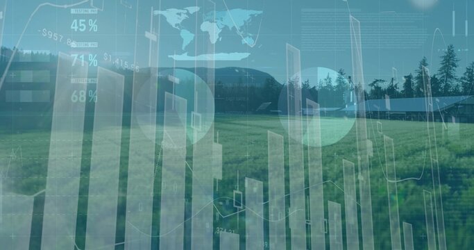 Overlaying translucent 3D columns on field, displaying data overlays, percentage labels, world map - Powered by Adobe