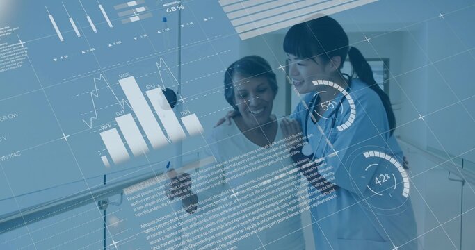 Pointing healthcare professional showing patient digital data in hospital room, with tablet and pen - Powered by Adobe
