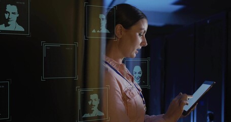 Interacting technician tapping tablet in data center, with holographic panels and racks, copy space
