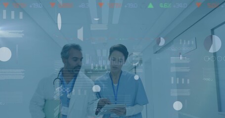 Walking nurse and doctor using tablet and stethoscope in hospital corridor, digital chart overlays