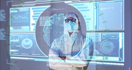 Hazmat scientist monitoring holographic screens in lab, with world map projection, data charts