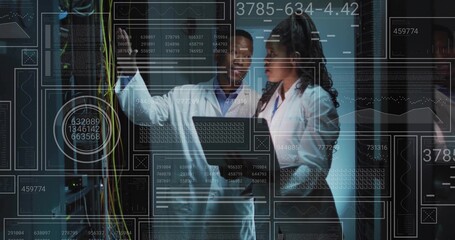 Examining labcoat technicians adjusting cables and monitoring overlays in data center server racks