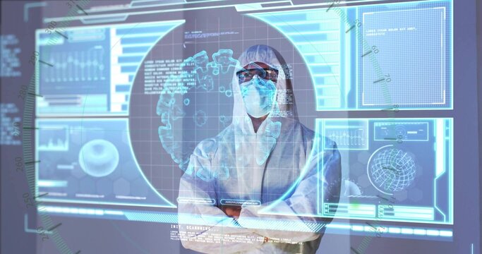 Hazmat scientist monitoring holographic screens in lab, with world map projection, data charts