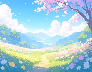 Obraz premium Pastel-toned springtime landscape with a path through a field of flowers