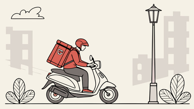 Delivery person on scooter food delivery service urban illustration fast delivery courier transportation vector art graphic design online order bicycle delivery motorcycle delivery sco.