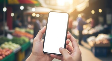 Close-up view of hands holding a smartphone with a blank screen at a market.