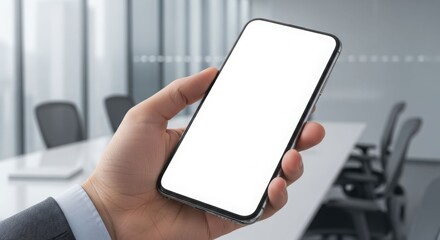A person's hand holding a smartphone with a blank white screen, in an office setting.