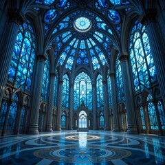 Majestic Gothic Palace Hall with Domed Ceiling and Blue Stained Glass Windows