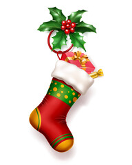 A vibrant red Christmas stocking with white cuff, filled with a wrapped gift and candy, adorned with a holly sprig, with soft shadow on white background.
