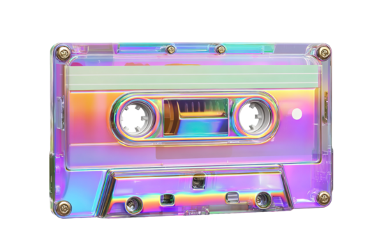 Elegant Iridescent Cassette Tape with Glossy Pearl Finish on Transparent Background
