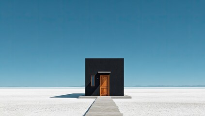 Minimalist cube house on a white salt flat