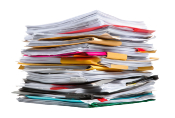 High stack of papers, folders, and documents.  A large pile of various colored papers and folders are tightly compressed, creating a high, uneven stack