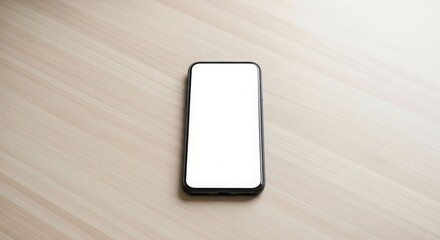 A modern smartphone with a blank white screen rests on a light-colored wooden surface.