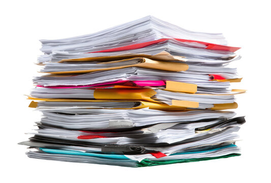 High stack of papers, folders, and documents.  A large pile of various colored papers and folders are tightly compressed, creating a high, uneven stack