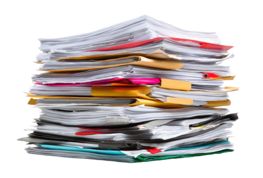 High stack of papers, folders, and documents.  A large pile of various colored papers and folders are tightly compressed, creating a high, uneven stack