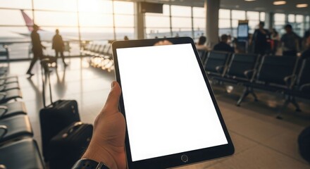 A person's hand holding a tablet with a blank screen at an airport terminal.