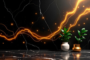 Abstract Modern Interior Design with Golden Light Lines and Gree