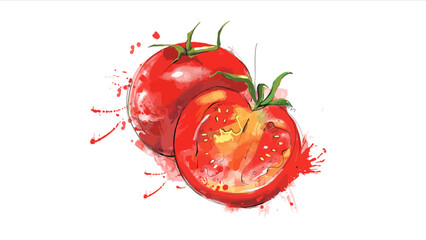 Watercolor painting of a whole tomato and a halved tomato with vibrant red and green colors.