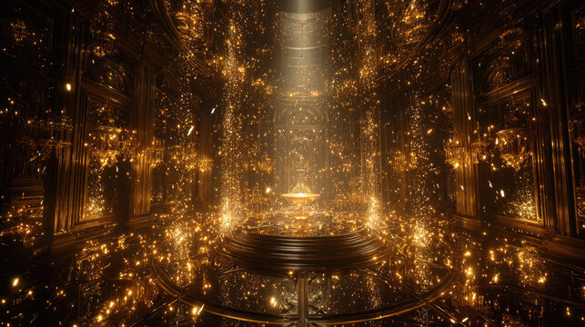 Golden stage glitter with spotlights on opening concept. A surreal, golden-lit room filled with sparkling energy and light.
