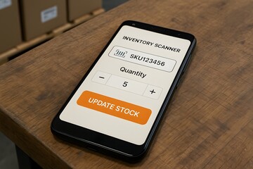 Mobile phone with inventory scanner and stock update application. 