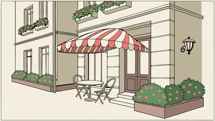 Obraz premium Outdoor Cafe Scene Striped Awning Table Chairs Flowers Building Facade Illustration.