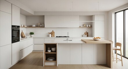 A bright and modern minimalist kitchen featuring white cabinets, a central island with a wooden breakfast bar, and open shelving.