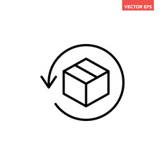 Single black update package box line icon, simple arrow circles the parcel flat design infographic pictogram vector for app logo web button ui ux interface elements isolated on white background