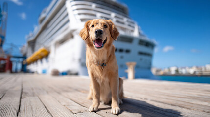 Golden Retriever sitting on dock in front of cruise ship  
