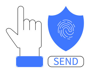 Hand pointing upward, shield with fingerprint icon, send button. Ideal for digital security, communication, authentication, technology, data sharing protection user interface. Simple flat metaphor