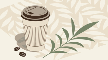 Stylized Coffee Cup with Leaves and Beans Minimalist Design for Menu Branding or Print.