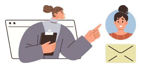 Woman with clipboard pointing to profile photo and email envelope, representing teamwork, digital interaction, remote communication, online networking, human resources, email correspondence, simple