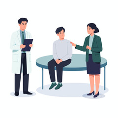 A doctor and nurse engage with a young man during a consultation, creating a caring and professional atmosphere that emphasizes health and well-being in a clinical context.