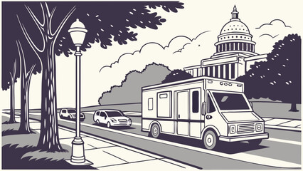 Vintage illustration of a van driving down a city street with trees and a large building in the background.