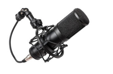 Black dynamic microphone in a stand