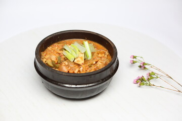 Traditional Korean Cheonggukjang Fermented Soybean Stew in Hot Pot – Authentic Asian Cuisine, Healthy Probiotic Soup Dish Close-up