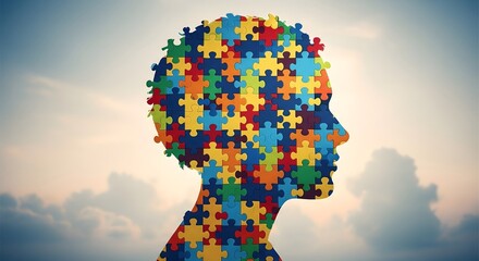 Human head silhouette filled with colorful puzzle pieces, symbolizing autism awareness, mental health, diversity, learning, and psychological complexity.