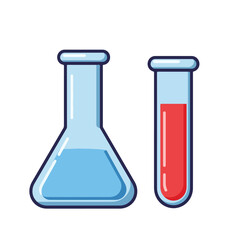 Two beakers, one with blue liquid, other with red, on white background