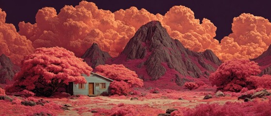 Mountainous harmony: find peace in a remote cabin escape. Unusual perspectives. Sunset splendor: an invitation to work amidst nature's dramatic display. Daring imagery. Advertising photo.