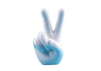 Obraz premium 3D rendered, light-blue-white, stylized hand making a peace sign. A highly detailed, glossy, digitally created hand, rendered in light pastel shades 